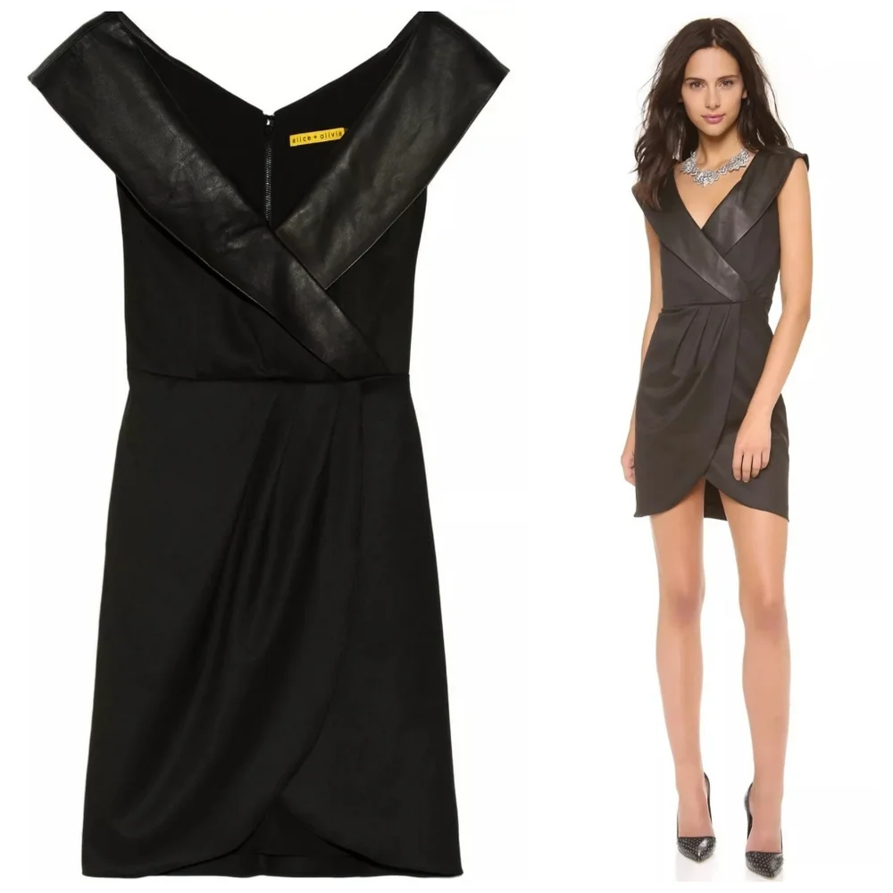 Alice + olivia Shayna Leather Trim Shawl Collar Faux Wrap Black Dress - Picture 5 of 15